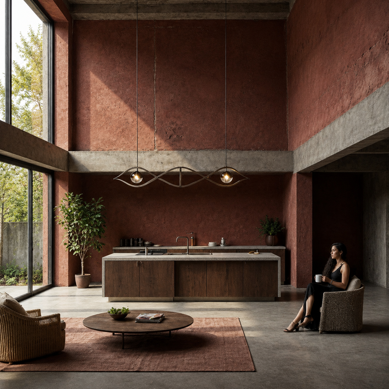 Wooninterieur met zichtbaar beton en warme aardetinten